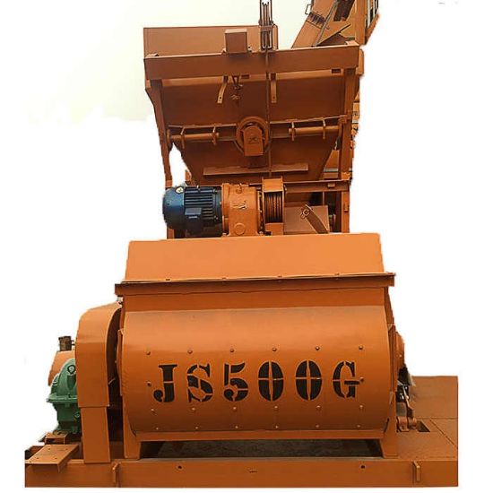 Efficient dual-shaft concrete mixer with 500-liter discharge for small-scale projects